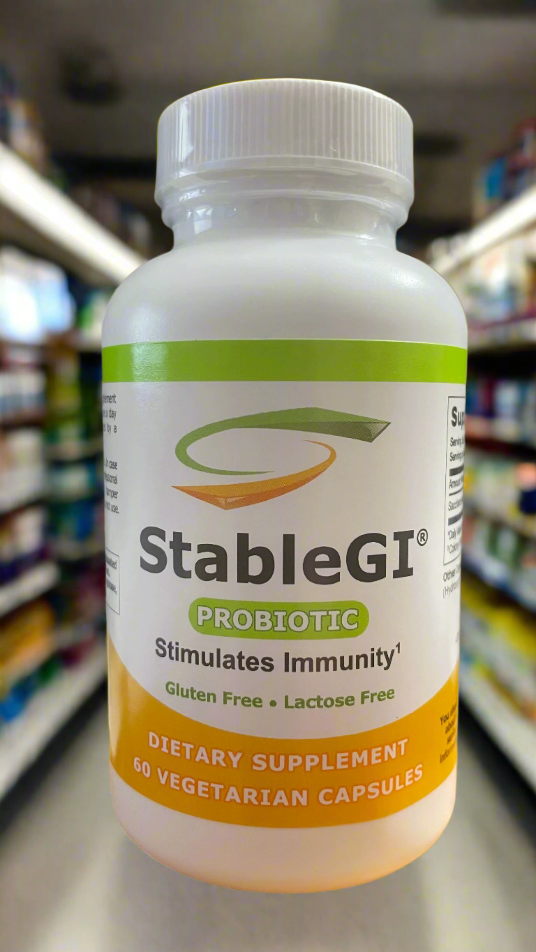 StableGI probiotic dietary supplement bottle with 60 vegetarian capsules for immunity, gluten-free and lactose-free