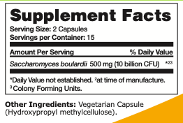 Supplement facts label with serving size, servings per container, and supplement details.