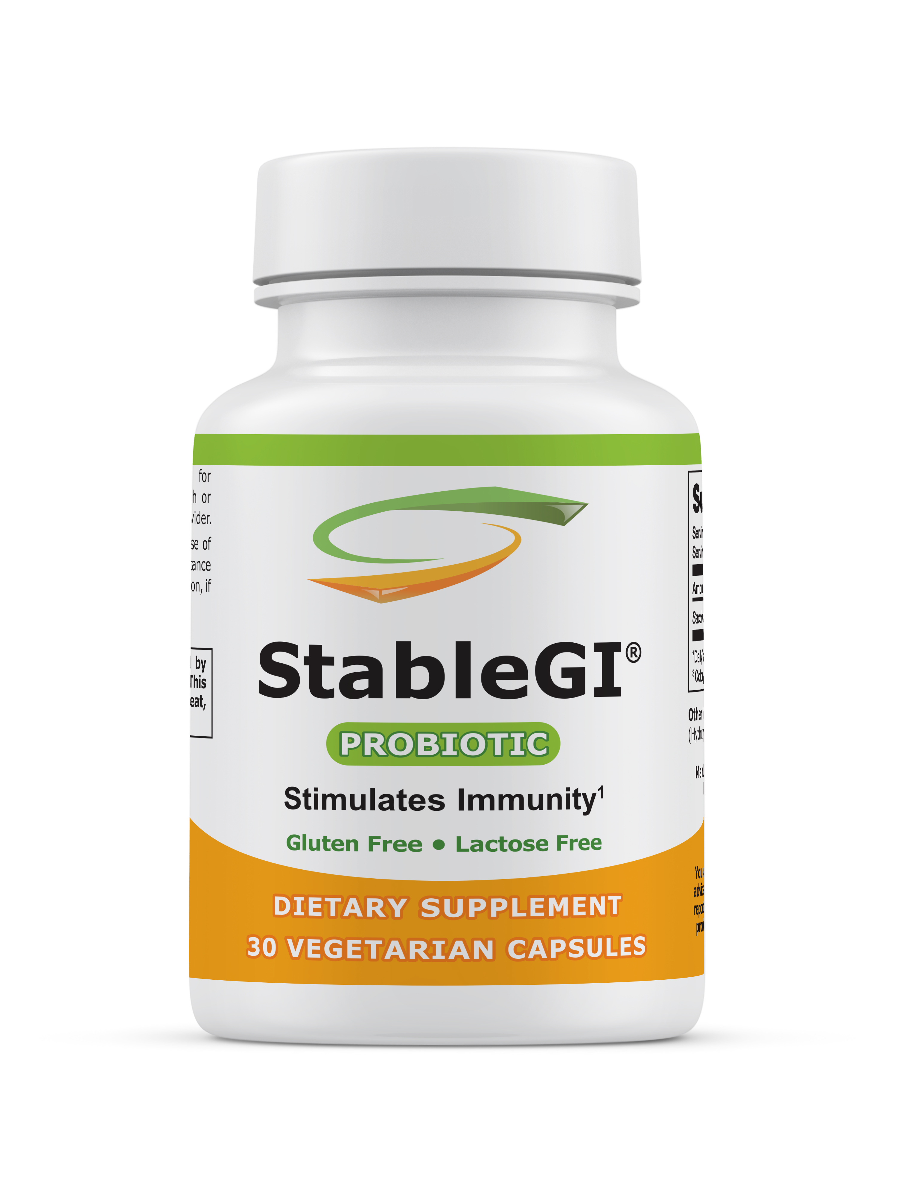 StableGI probiotic supplement bottle with 30 gluten and lactose-free vegetarian capsules for immune support