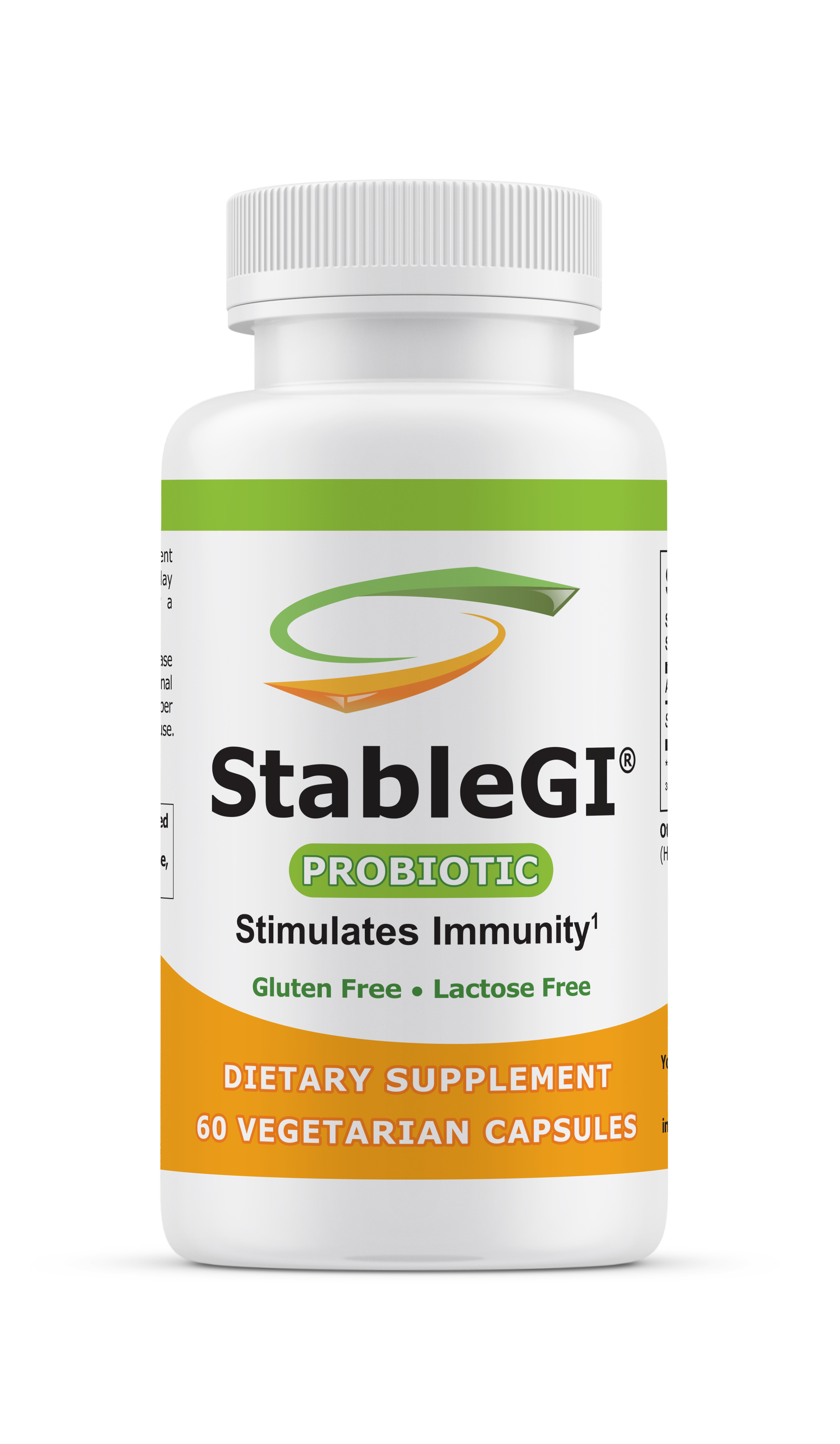 StableGI probiotic supplement bottle with gluten and lactose free vegetarian capsules for immunity support