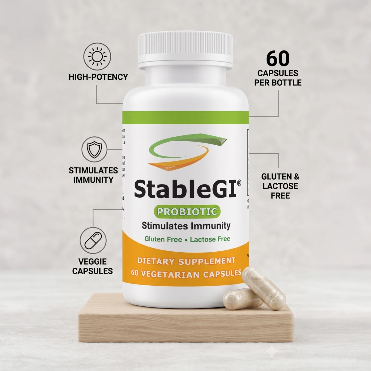 StableGI® Proven Probiotic | Lactose & Gluten Free | 60 or 30 Vegetarian Capsules