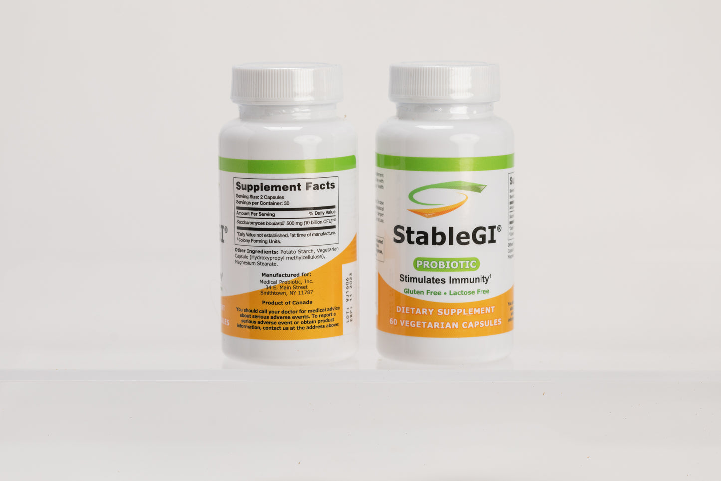 A picture of 2 bottles of StableGI probiotic showing the front  label on one bottle and the supplement facts panel