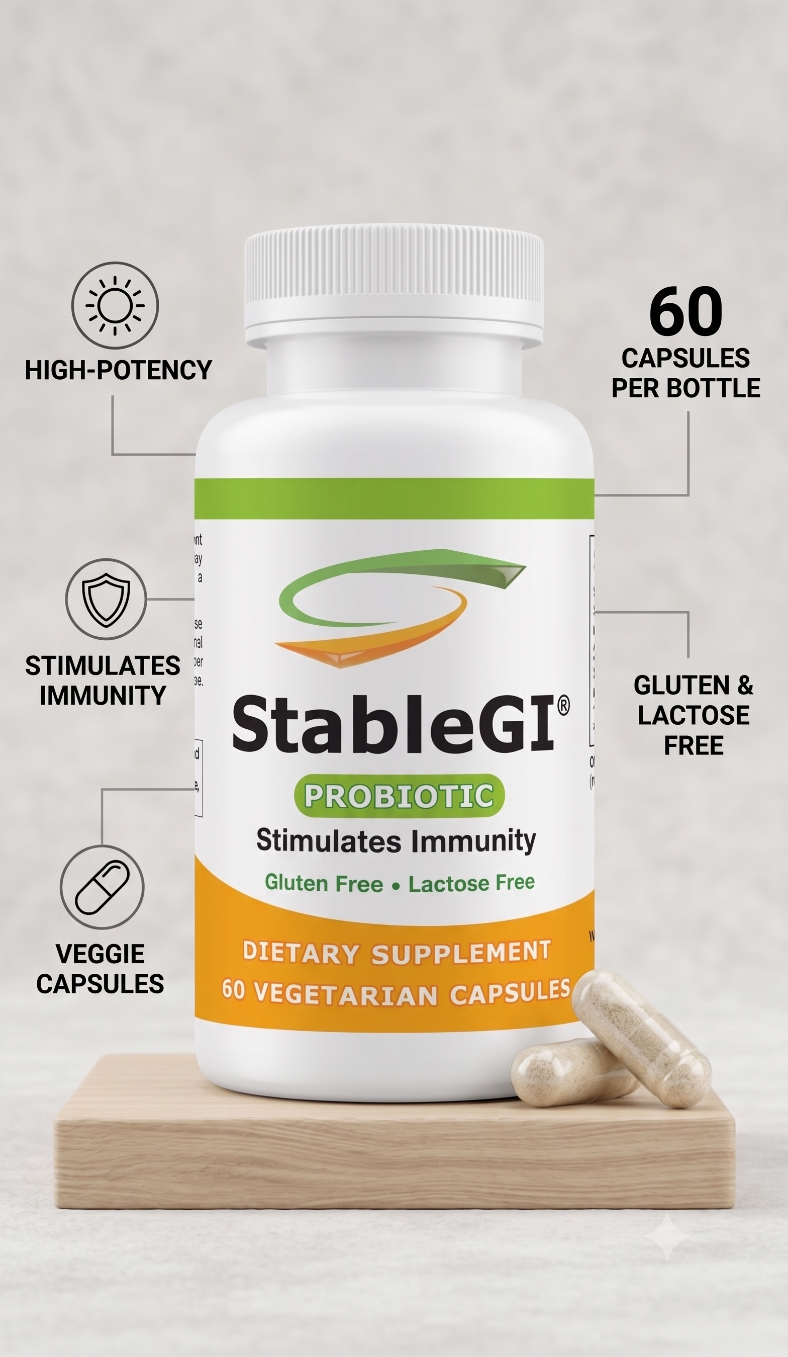 StableGI® probiotic dietary supplement bottle with 60 vegetarian capsules, gluten & lactose free