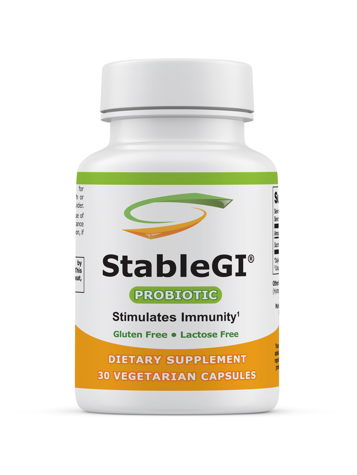 StableGI probiotic supplement bottle with 30 gluten and lactose-free vegetarian capsules for immune support