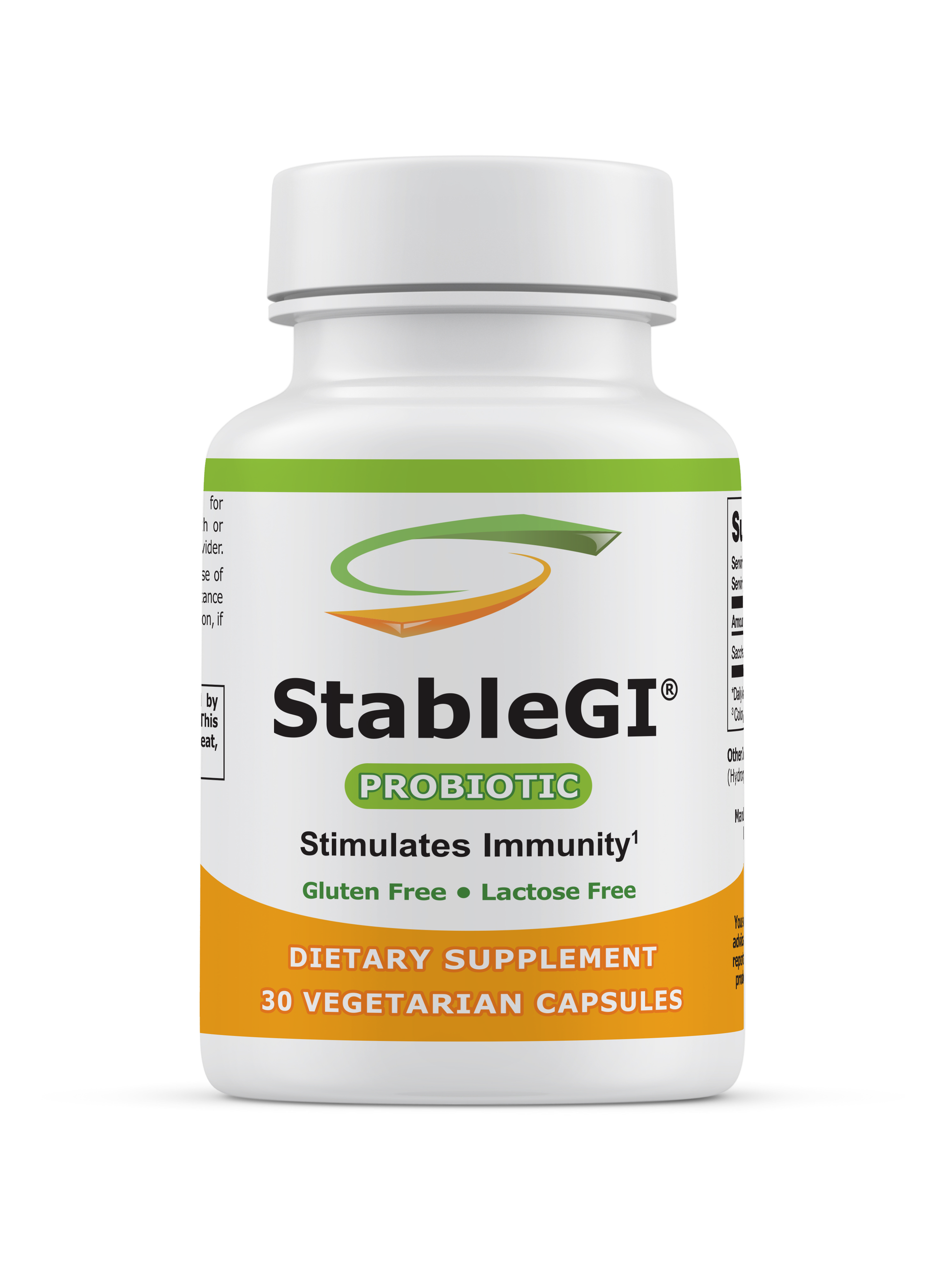 StableGI probiotic supplement bottle with 30 gluten and lactose-free vegetarian capsules for immune support
