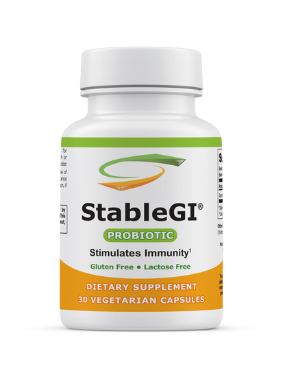StableGI probiotic supplement bottle with 30 gluten and lactose-free vegetarian capsules for immune support
