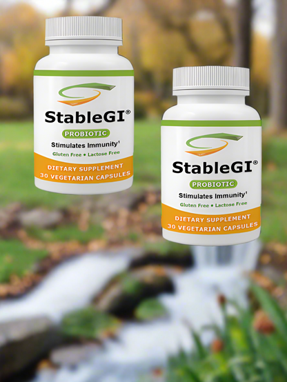 StableGI 30's Twin Pack, dietary supplement bottles with probiotics for digestive health.